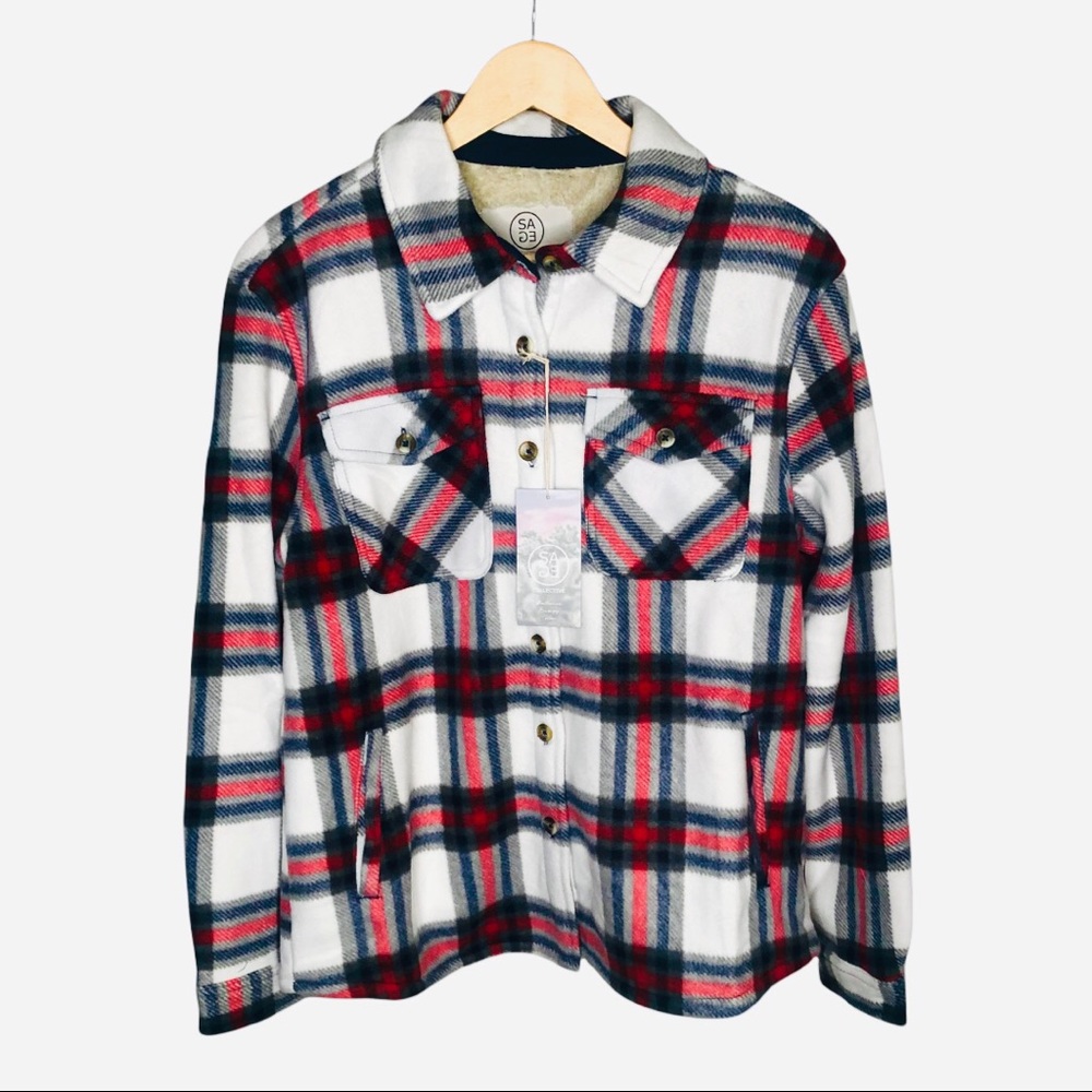 SAGE Red Flannel Plaid Shirt Jacket Sherpa Shacket Lined With Hand Pocket NEW